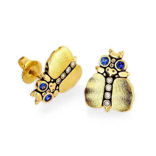 18K Entomology IV Thoughtful Beetle Blue Sapphire & Diamond Earrings - E-108-Alex Sepkus-Renee Taylor Gallery