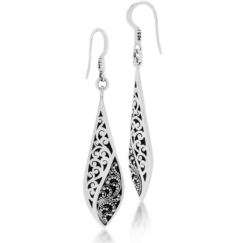 Sterling Silver Classic Carved Scroll & Granulation Long Drop Earrings - EB6561-FH346-Lois Hill-Renee Taylor Gallery