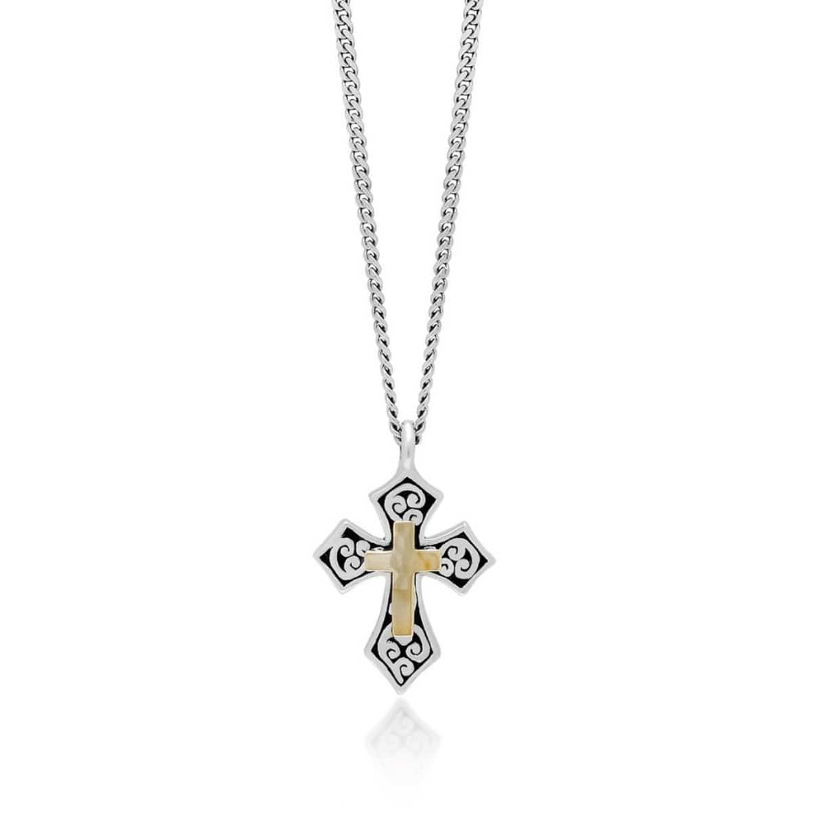18K Yellow Gold Sterling Silver Cross Pendant Necklace