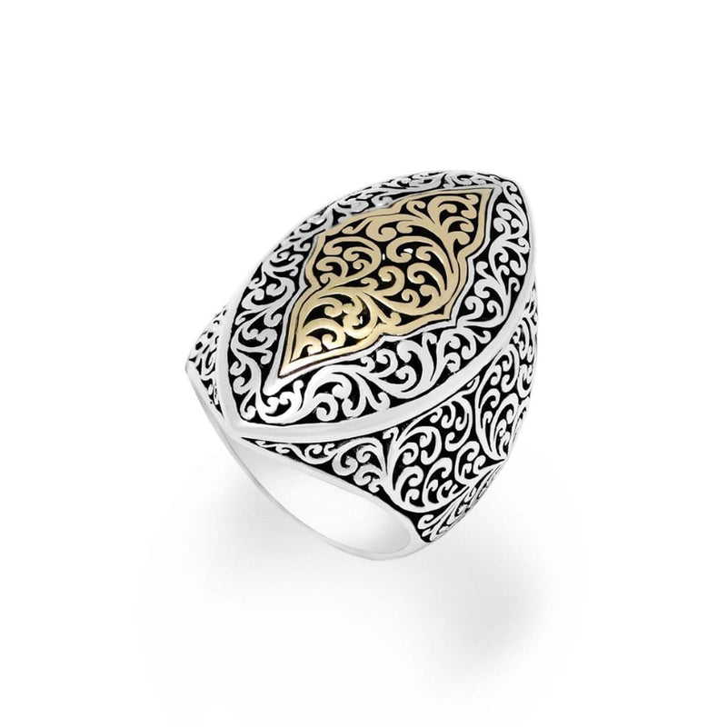 18K Yellow Gold Sterling Silver Signature Scroll Marquise Ring - GRU2460-Lois Hill-Renee Taylor Gallery