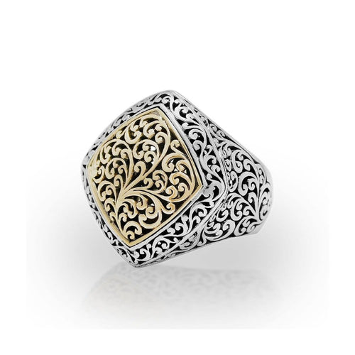 18K Yellow Gold Sterling Silver Signature Scroll Cushion Square Ring - GRU2467-Lois Hill-Renee Taylor Gallery