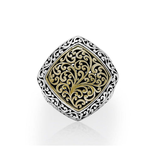 18K Yellow Gold Sterling Silver Signature Scroll Cushion Square Ring - GRU2467-Lois Hill-Renee Taylor Gallery