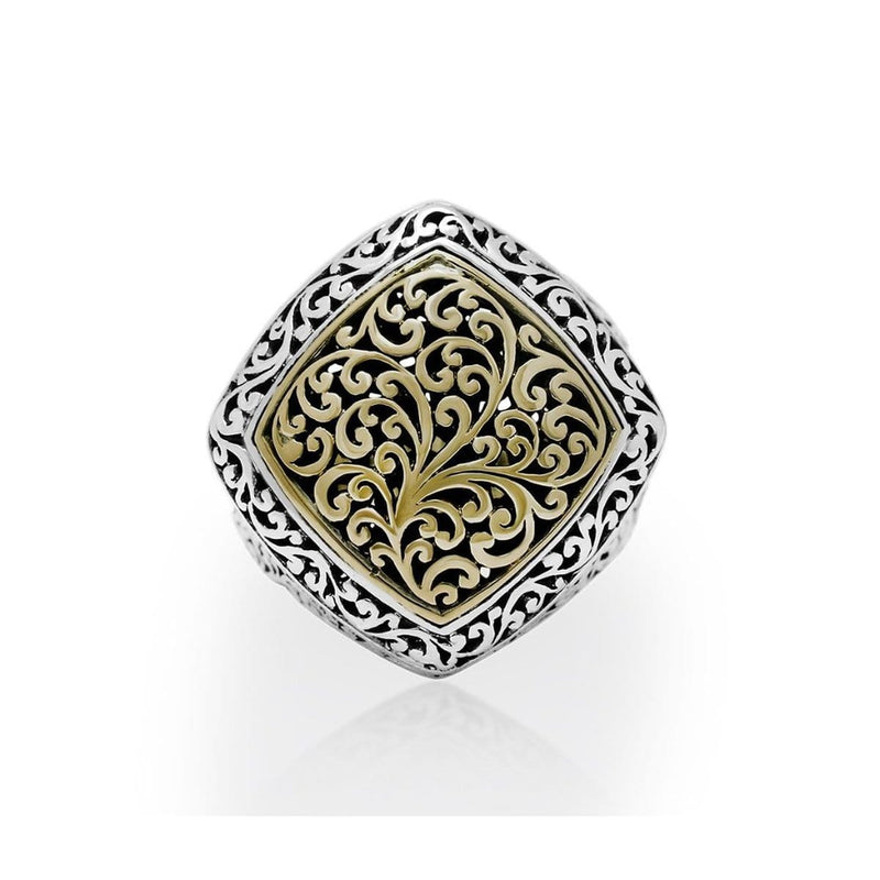 18K Yellow Gold Sterling Silver Signature Scroll Cushion Square Ring - GRU2467-Lois Hill-Renee Taylor Gallery