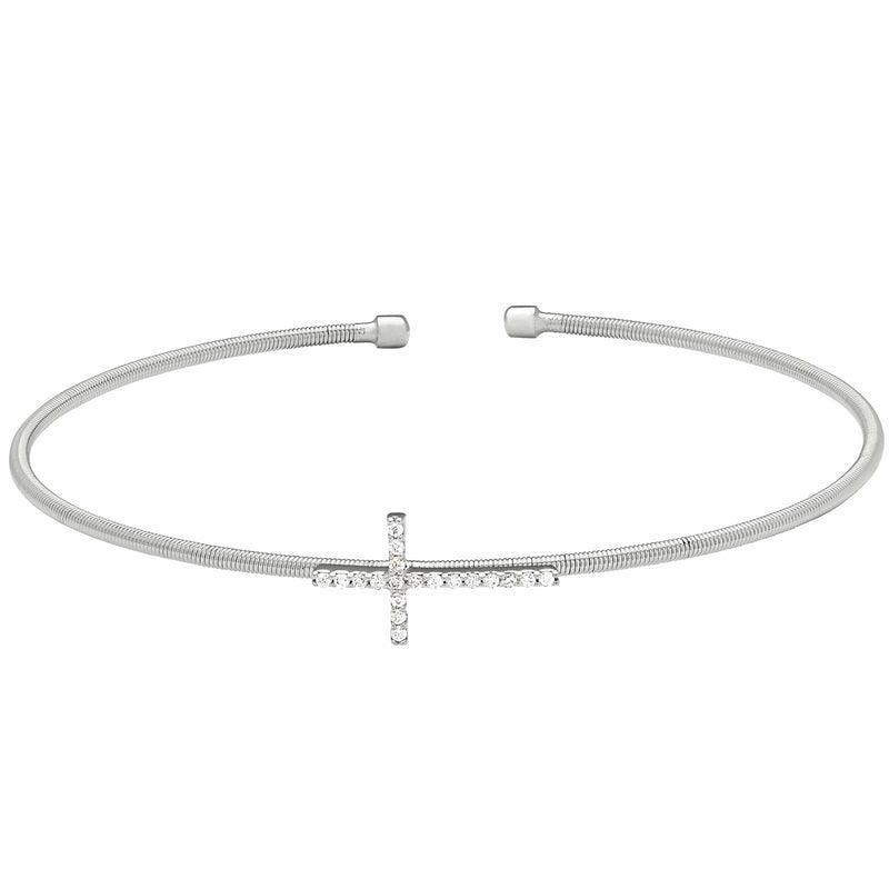 Rhodium Finish Sterling Silver Cable Cuff Cross Bracelet - LL7056B-RH-Kelly Waters-Renee Taylor Gallery