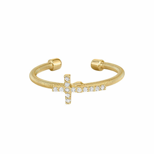 Gold Finish Sterling Silver Cable Cuff Cross Ring - LL7056R-G-Kelly Waters-Renee Taylor Gallery