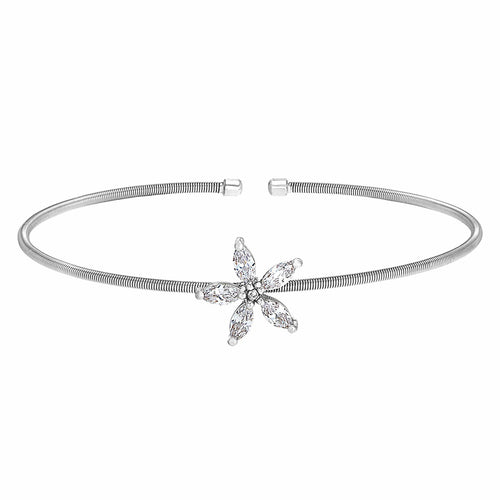 Rhodium Finish Sterling Silver Cable Cuff Flower Bracelet - LL7084B-RH-Kelly Waters-Renee Taylor Gallery