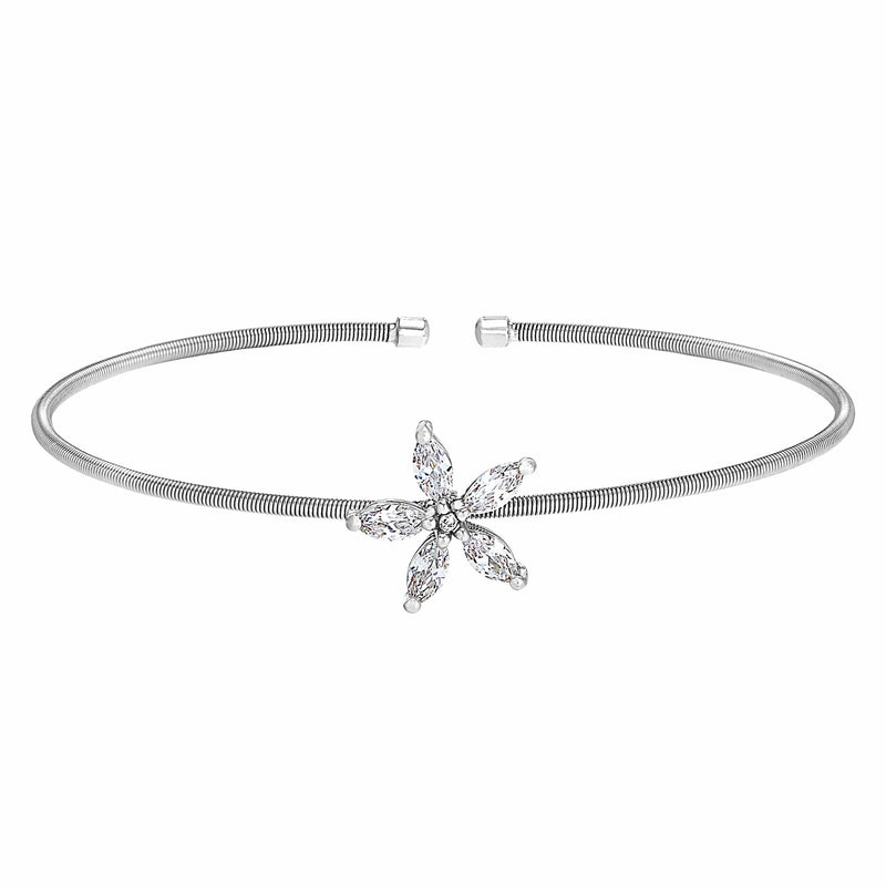Rhodium Finish Sterling Silver Cable Cuff Flower Bracelet - LL7084B-RH-Kelly Waters-Renee Taylor Gallery