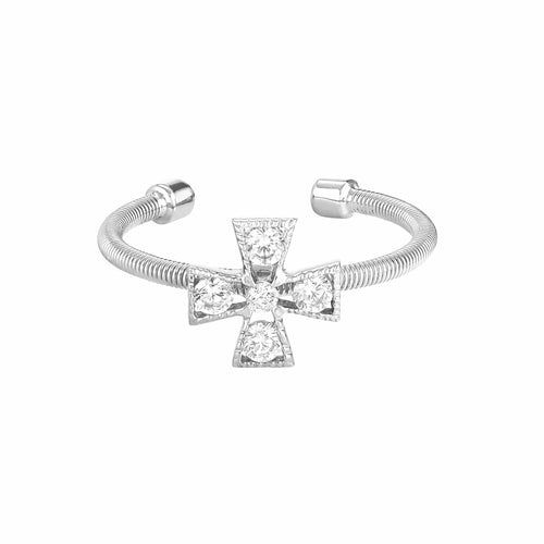 Rhodium Finish Sterling Silver Cable Cuff 5 Stone Cross Ring - LL7093R-RH-Kelly Waters-Renee Taylor Gallery