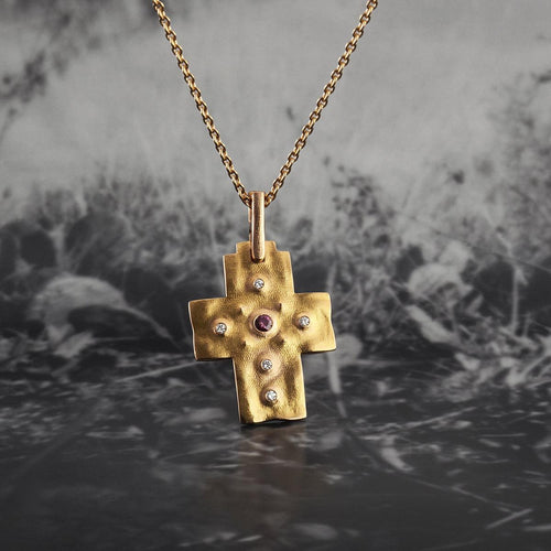 18K Desert Ruby & Diamond Cross Pendant - M-100RUBY-Alex Sepkus-Renee Taylor Gallery