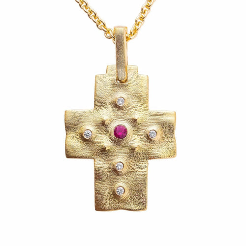 18K Desert Ruby & Diamond Cross Pendant - M-100RUBY-Alex Sepkus-Renee Taylor Gallery