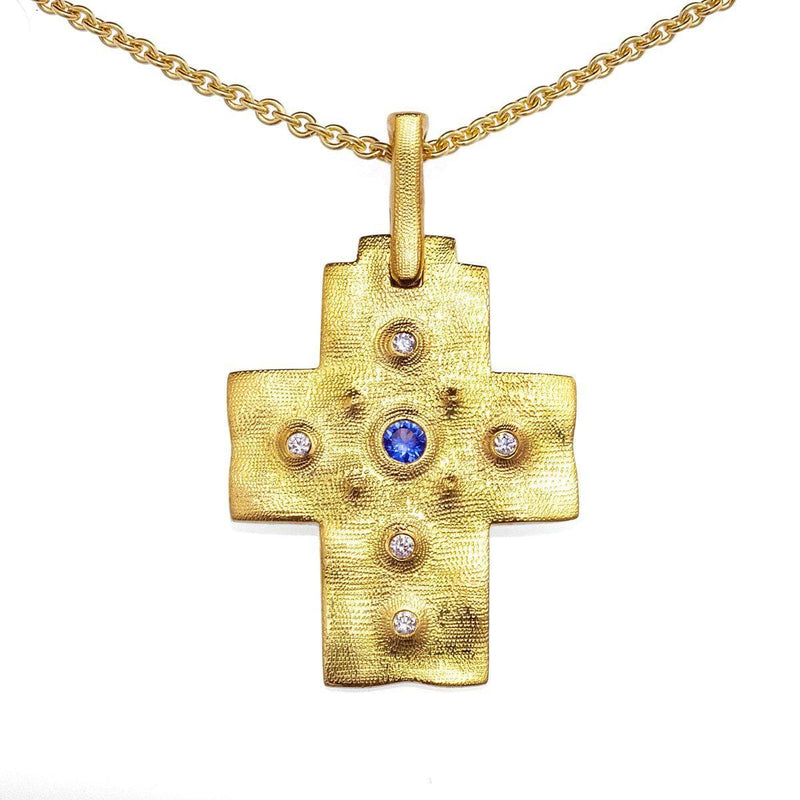 18K Desert Blue Sapphire & Diamond Cross Pendant - M-100-Alex Sepkus-Renee Taylor Gallery