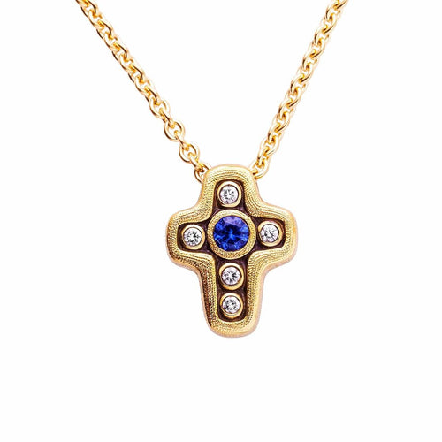 18K Cross Sapphire & Diamond Pendant & Chain - M-1815 Blue Sapphire-Alex Sepkus-Renee Taylor Gallery