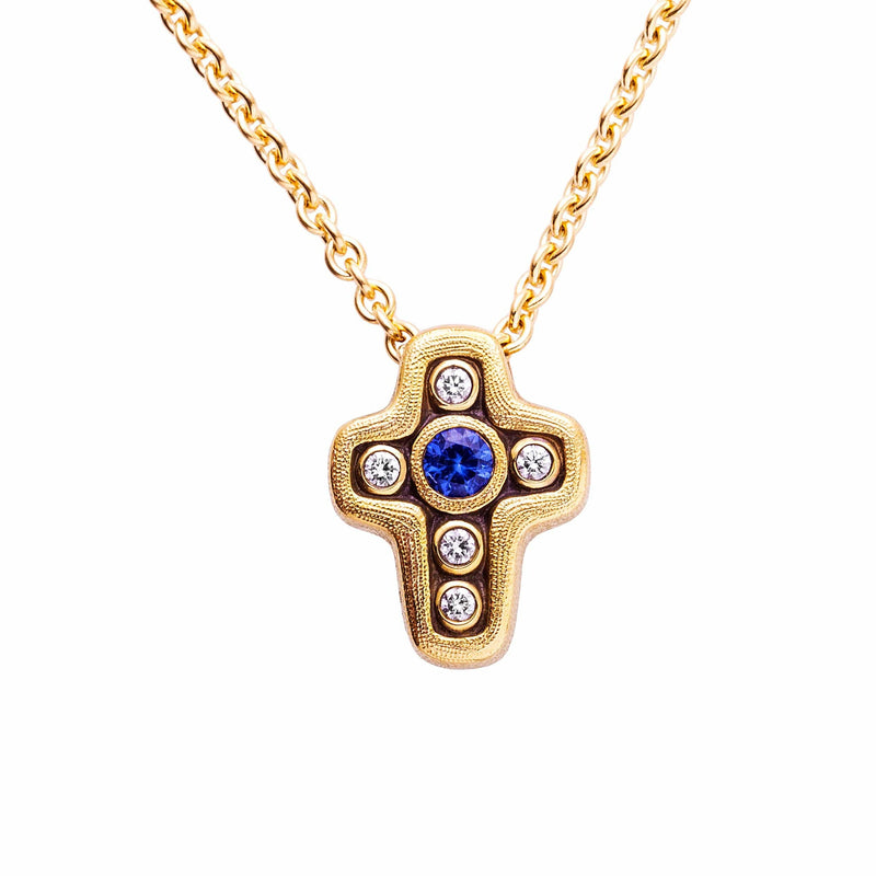 18K Cross Sapphire & Diamond Pendant & Chain - M-18 Blue-Alex Sepkus-Renee Taylor Gallery