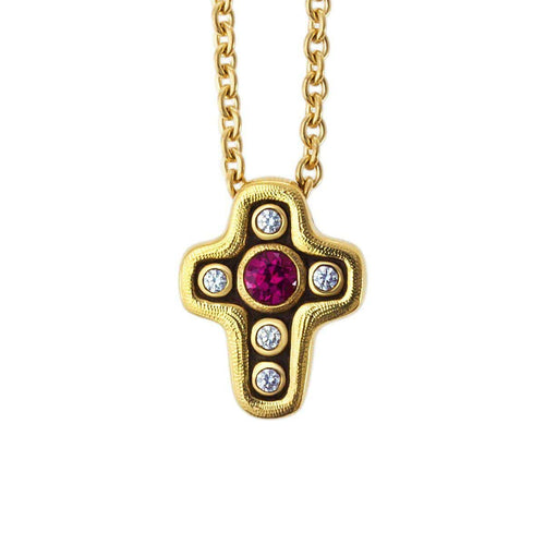 18K Cross Pink Sapphire & Diamond Pendant & Chain - M-18-Alex Sepkus-Renee Taylor Gallery