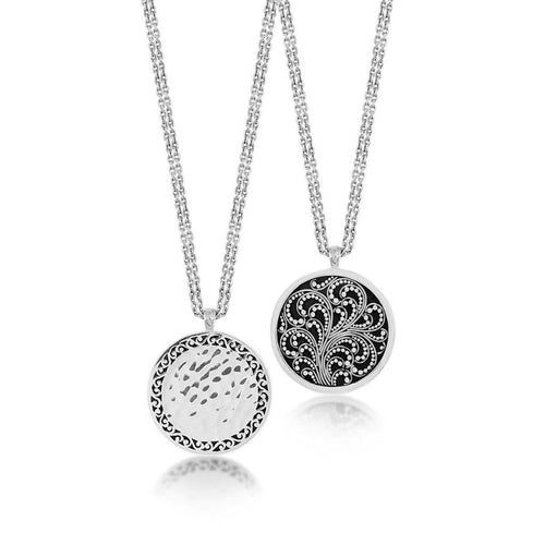 Sterling Silver Classic Reversible Hammered Granulation Round Pendant Necklace - NG6834-18236-Lois Hill-Renee Taylor Gallery