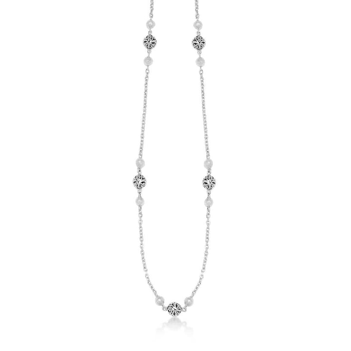 Sterling Silver Classic Carved & Hammered Bead Station Necklace - NU7239-38118-Lois Hill-Renee Taylor Gallery