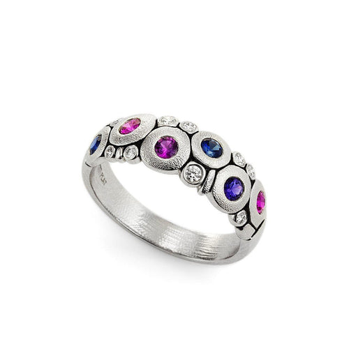 Platinum Candy Blue Pink Mix Sapphire & Diamond Dome Ring - R-122PS-Alex Sepkus-Renee Taylor Gallery