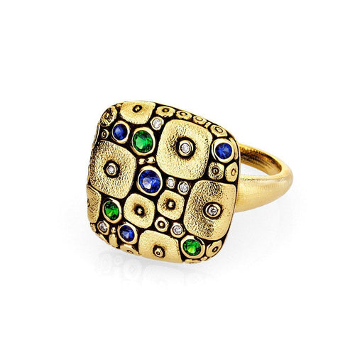18K Soft Mosaic Blue Green Mix Sapphire Tsavorite & Diamond Ring - R-138S-Alex Sepkus-Renee Taylor Gallery