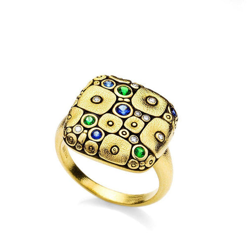 18K Soft Mosaic Blue Green Mix Sapphire Tsavorite & Diamond Ring - R-138S-Alex Sepkus-Renee Taylor Gallery