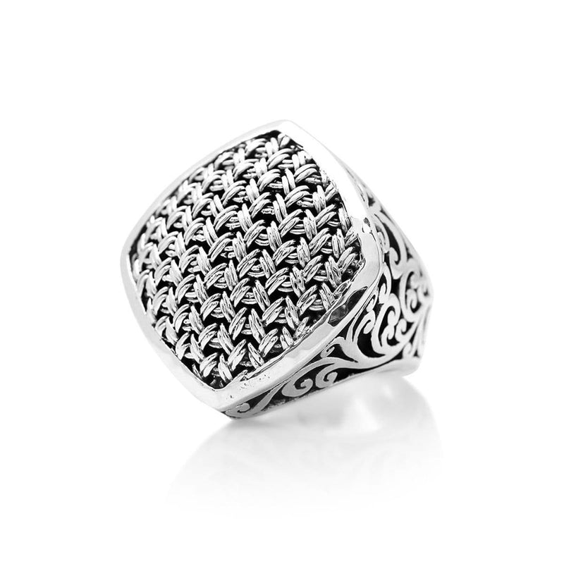 Sterling Silver Classic Woven Textile Diamond Ring - RU1107-Lois Hill-Renee Taylor Gallery