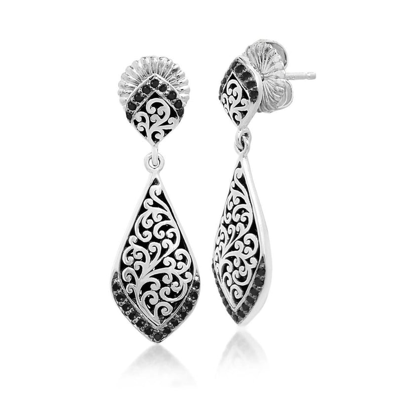 Sterling Silver Black Sapphire Signature Carved Scroll Teardrop Earrings - XEU307-PSBS5-Lois Hill-Renee Taylor Gallery