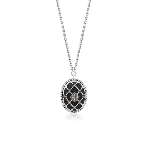 Sterling Silver Brown Diamond & Black Onyx Caged Oval Necklace - XNC256-16D55-Lois Hill-Renee Taylor Gallery