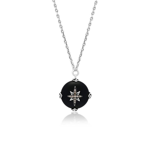 Sterling Silver Brown Diamond & Black Onyx Round Pendant Necklace - XNU1004-16D36-Lois Hill-Renee Taylor Gallery