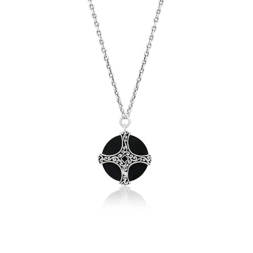 Sterling Silver Brown Diamond & Black Onyx Round Pendant Necklace - XNU1004-16D36-Lois Hill-Renee Taylor Gallery