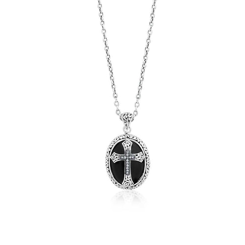 Sterling Silver Brown Diamond & Black Onyx Oval Cross Necklace - XNU371-16D26-Lois Hill-Renee Taylor Gallery