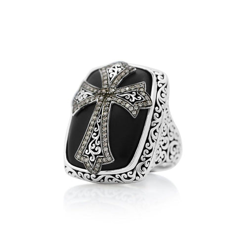 Sterling Silver Brown Diamond & Black Onyx Cross Statement Ring - XRC257-Lois Hill-Renee Taylor Gallery