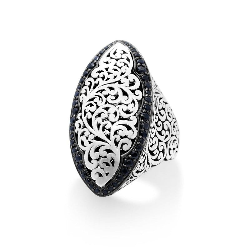 Sterling Silver Black Sapphire Classic Signature Scroll Marquise Ring - XRU269-Lois Hill-Renee Taylor Gallery