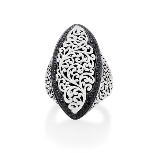 Sterling Silver Black Sapphire Classic Signature Scroll Marquise Ring - XRU269-Lois Hill-Renee Taylor Gallery