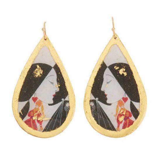 Erté B&W Dolls Teardrop Gold Earrings - ER405-Evocateur-Renee Taylor Gallery