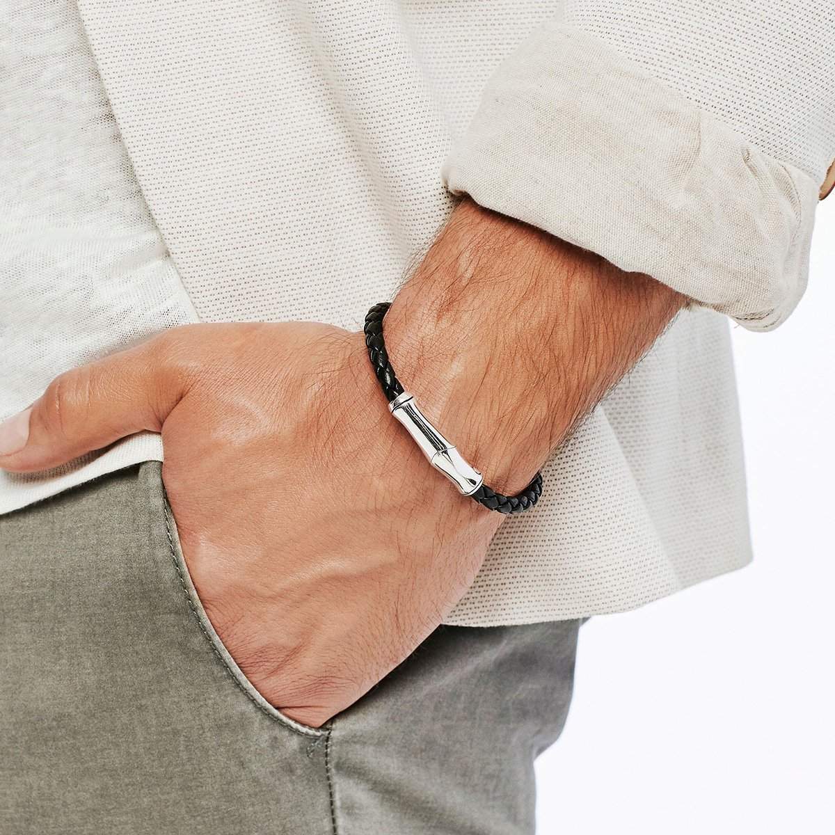 Men's Black Leather Bracelet with Steel Clasp - Loisir